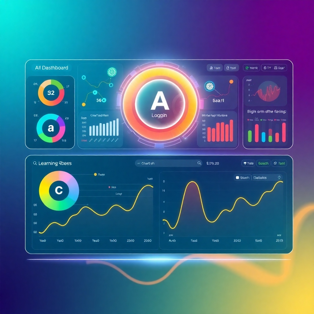A futuristic design showcasing a digital dashboard filled with AI-driven insights and learning curves. Bright, engaging visuals with animated elements illustrating progress over time. The palette should combine lively hues with a techy feel. Technical specs: high resolution.