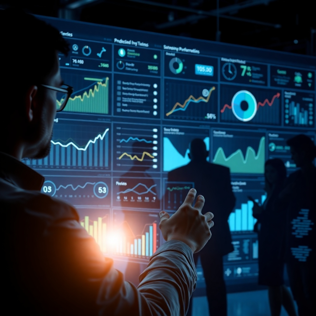 A futuristic digital analytics dashboard filled with graphs and predictive trends. In the foreground, a professional is interacting with an AI interface on a touch screen, while in the background, silhouettes of diverse professionals are brainstorming ideas.