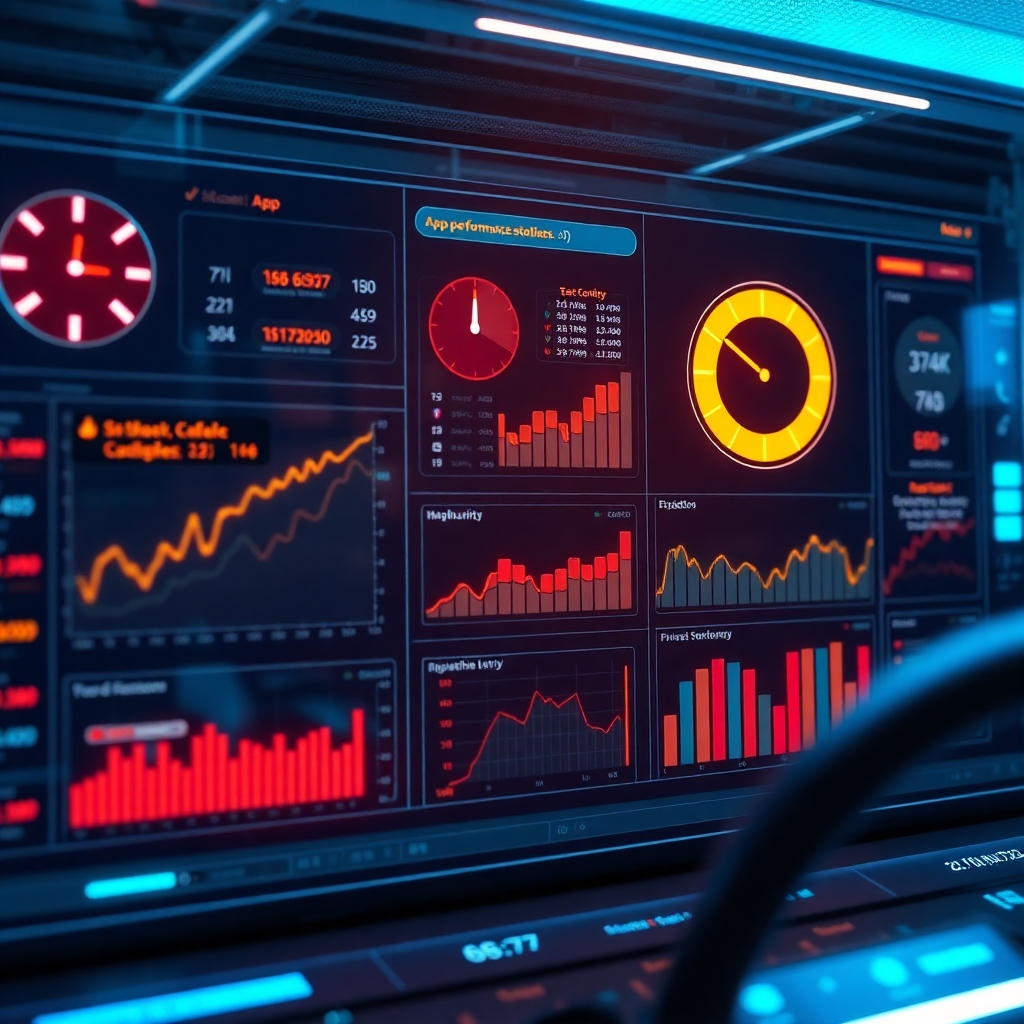 A futuristic digital dashboard displaying app performance metrics and user interactions. The scene showcases a fast-paced environment with digital clocks, indicating speed, and flexible design elements representing adaptability in the app development process.