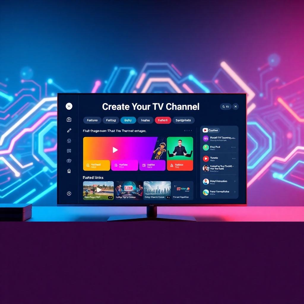 A futuristic digital interface displaying a 'Create Your TV Channel' dashboard, with colorful buttons and graphics. A user-friendly guide highlights features like embedding links and offers. The background has an abstract tech design symbolizing innovation in media.