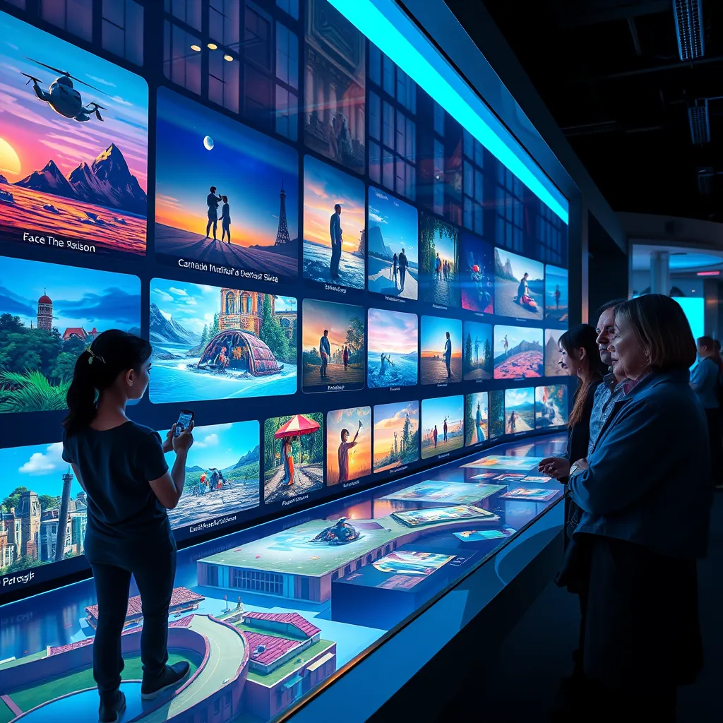 A futuristic digital interface showcasing various animated photo stories from around the world. Each story is visually represented on an interactive touchscreen display, with users engaged and amazed by the lifelike animations and vibrant colors that bring memories alive.