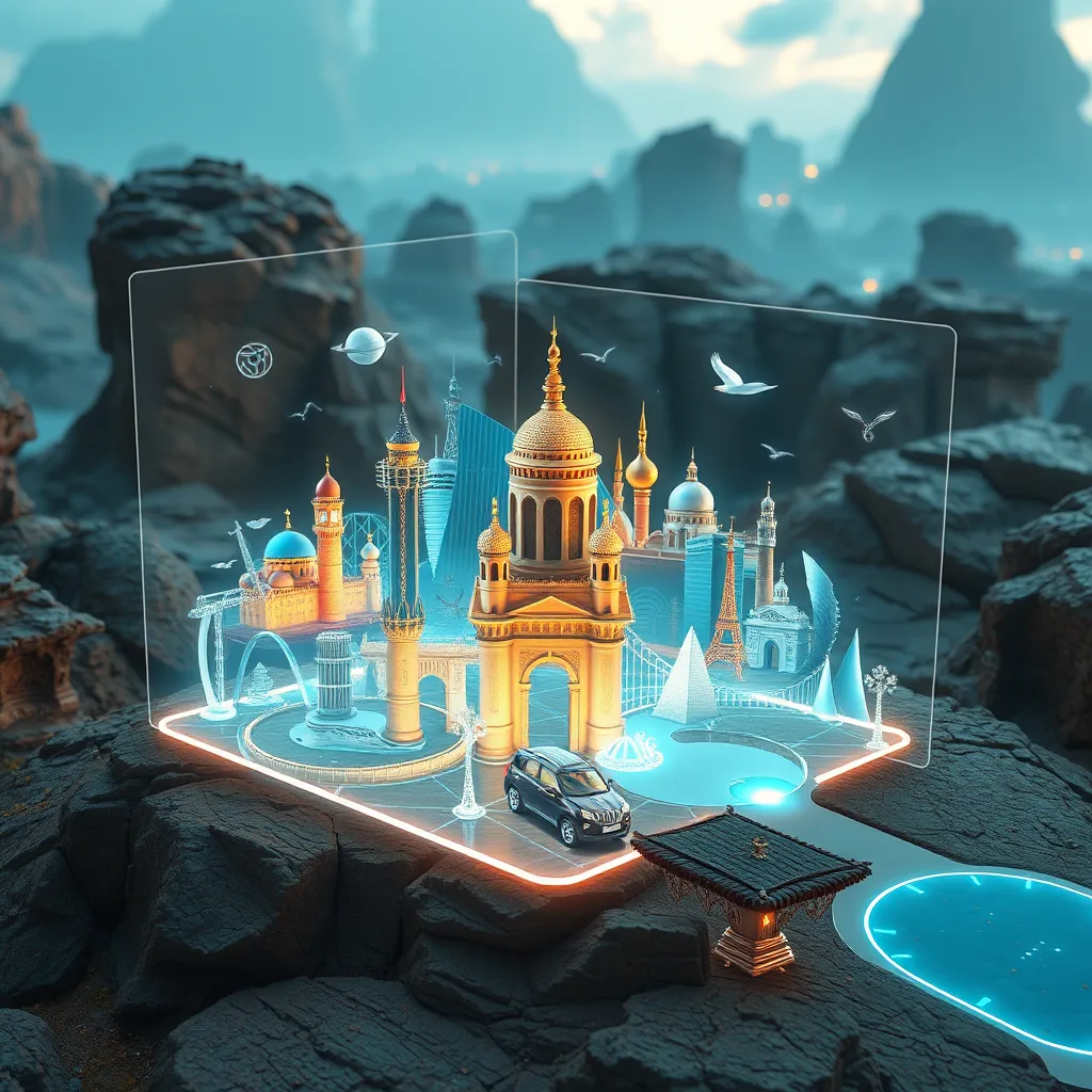 A futuristic digital landscape where a holographic display showcases a travel photo that is coming to life, illustrating key moments of a journey—like iconic landmarks animated with sounds and movements, captivating viewers who are experiencing this advanced storytelling firsthand.