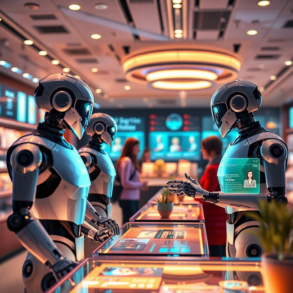 A futuristic digital landscape showcasing AI bots interacting with diverse customers. The scene includes holographic displays of personalized recommendations, warm lighting, and a welcoming atmosphere that suggests deep engagement and satisfaction. Include a blend of technology and human-like interactions.