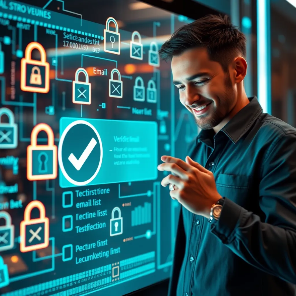 A futuristic display showing a verification checkmark next to an email list, surrounded by digital locks symbolizing security. A satisfied user is seen interacting with the technology, representing trust in their email marketing strategy.