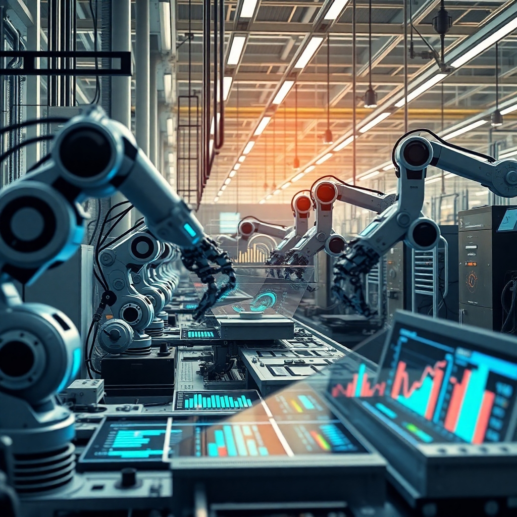 A futuristic factory with robotic arms working alongside human employees. Show a digital dashboard displaying real-time analytics and process efficiency metrics, emphasizing the harmony between AI automation and human creativity.