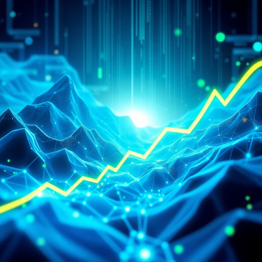 A futuristic image of a digital landscape filled with growth graphs and indicators signifying growth in affiliate income. The color palette features vivid blues and greens. The composition amplifies a sense of innovation and forward-thinking, with abstract shapes and data points. Technical specs: dynamic, high quality.