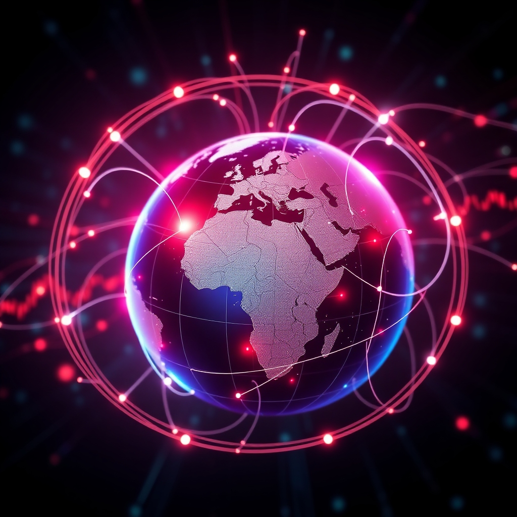 A futuristic image showcasing a globe connected by digital lines representing podcast signals spreading globally. The scene is illuminated by neon colors, with a digital overlay of data analytics on top. The portrayal emphasizes high-tech communications. Technical specs: 4K resolution, high quality.