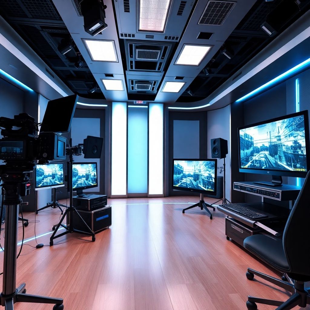 A futuristic image showing advanced AI video production techniques being applied in a professional studio environment. Sleek, high-tech equipment is on display, with screens showing stunning video outputs. The lighting is crisp and modern, with a color palette that includes metallic silver and cool blues. Textures are polished and sophisticated, underscoring the cutting-edge aspects of technology.