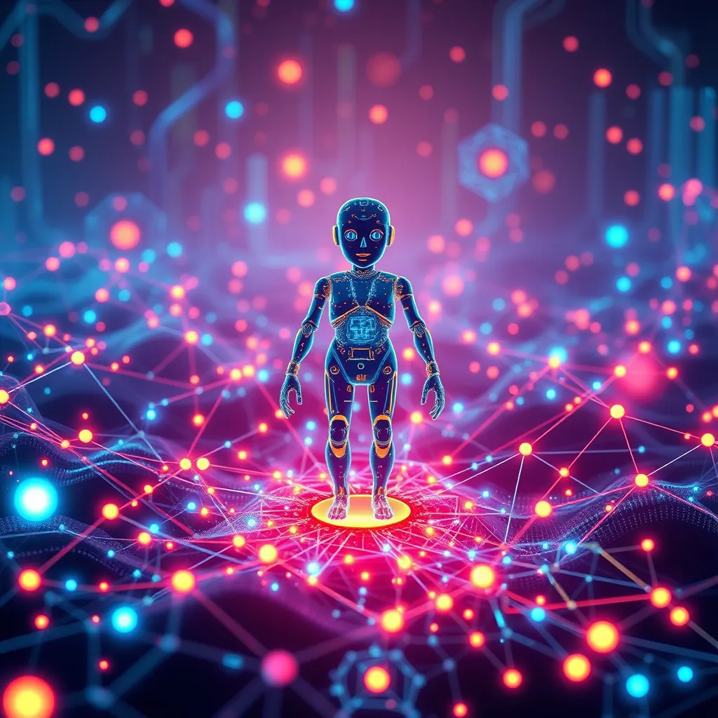 A futuristic scene depicting a digital landscape filled with vibrant, interconnected nodes representing leads, with abstract symbols of networking and growth. A central AI figure illustrates the generative process, surrounded by glowing lines and data streams, conveying efficiency and connectivity.