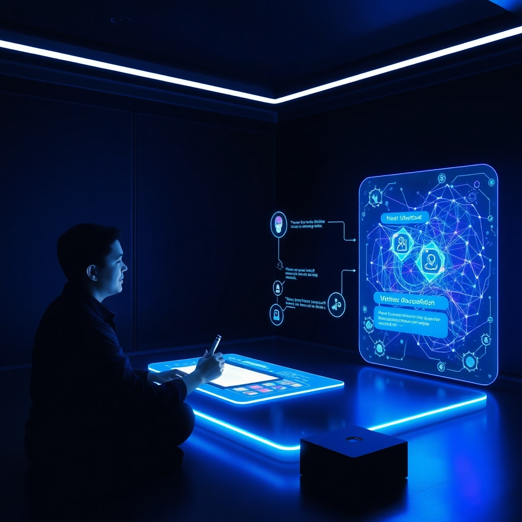 A futuristic setting where a holographic version of the Articalize AI app is projected in a dark room, with a user engaged in writing. The hologram displays intricate details and responsive features in a bright, vibrant color scheme. The environment includes modern design elements that signify advanced technology and innovation, illuminated by a soft bluish light that emphasizes creativity.