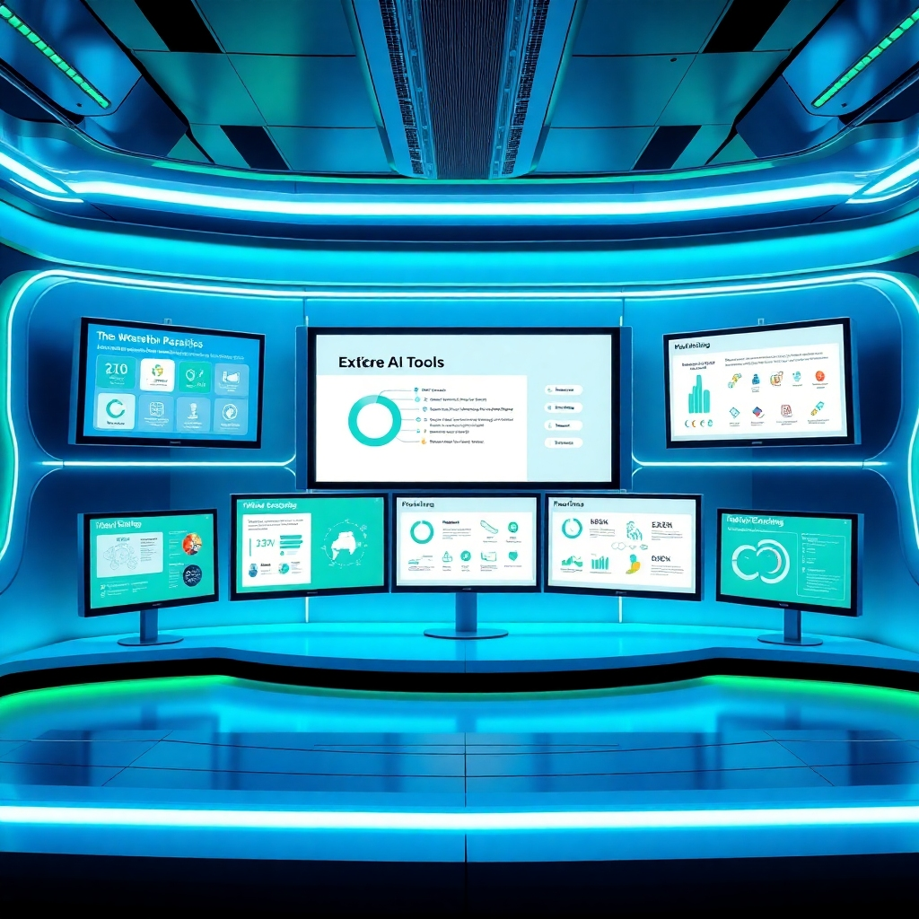 A futuristic setup showing various AI tools highlighted on screens with infographics illustrating their features and benefits. The environment is sleek and tech-savvy, with rich blue and green hues representing technology and innovation. The composition invites viewers to explore the tools, designed to be both informative and visually appealing, produced in high-quality 4K.