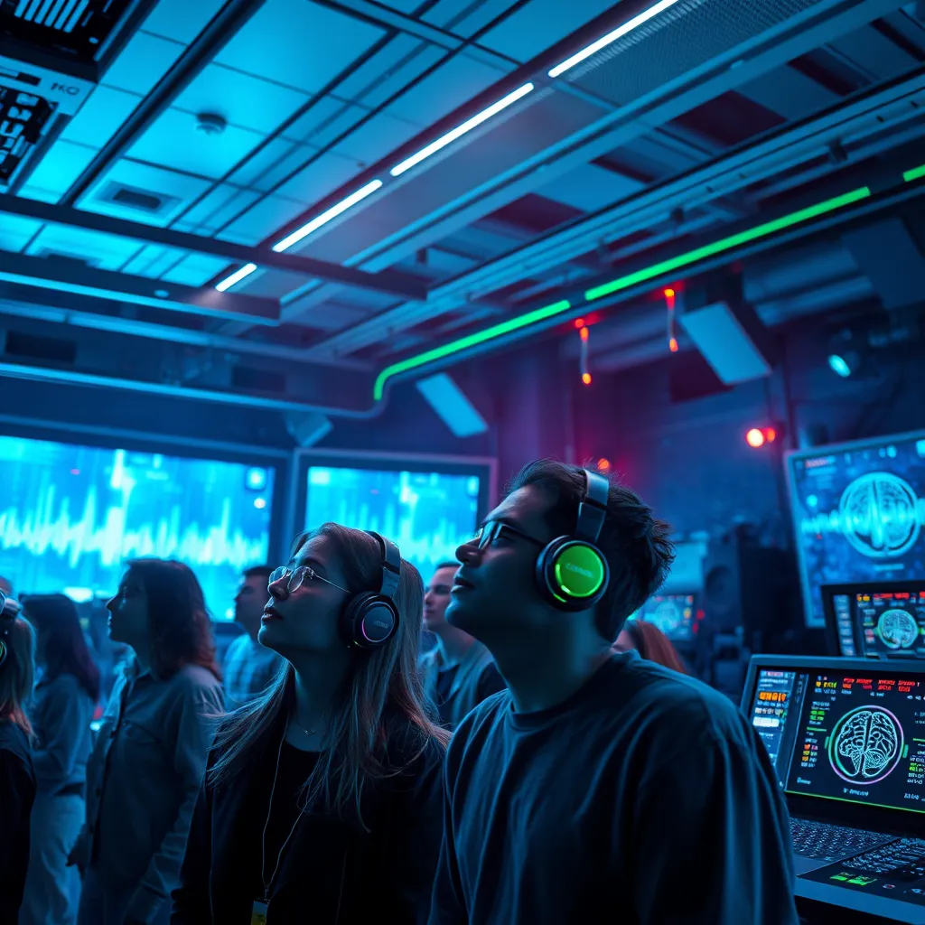 A futuristic sound lab filled with advanced audio equipment and sonic visualizers. In the foreground, a diverse group of individuals engages with headphones, experiencing immersive audio waves in a dynamic setting. Bright, colored lights continuously change to reflect the uplifting audio frequencies. The overall lighting is dramatic, creating an inspiring atmosphere, while cool tones of blue and green dominate the color scheme, enhancing the technological feel. The camera angle is slightly angled upward, showcasing the expressions of enlightenment on the participants' faces, while interactive screens display brainwave graphics. Style reference: high-tech and hyperrealistic, with 8K resolution.