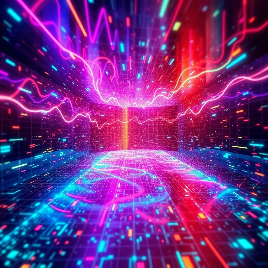 A futuristic visualization of audio content being transformed into expansive 3D visuals. The image features audio waveforms expanding into an immersive environment filled with vibrant, pulsing colors that correspond to the beats. A high-tech digital interface frames the scene, with intricate details of sound manipulation presented. The dynamic use of light and space creates a sense of innovation and progression.