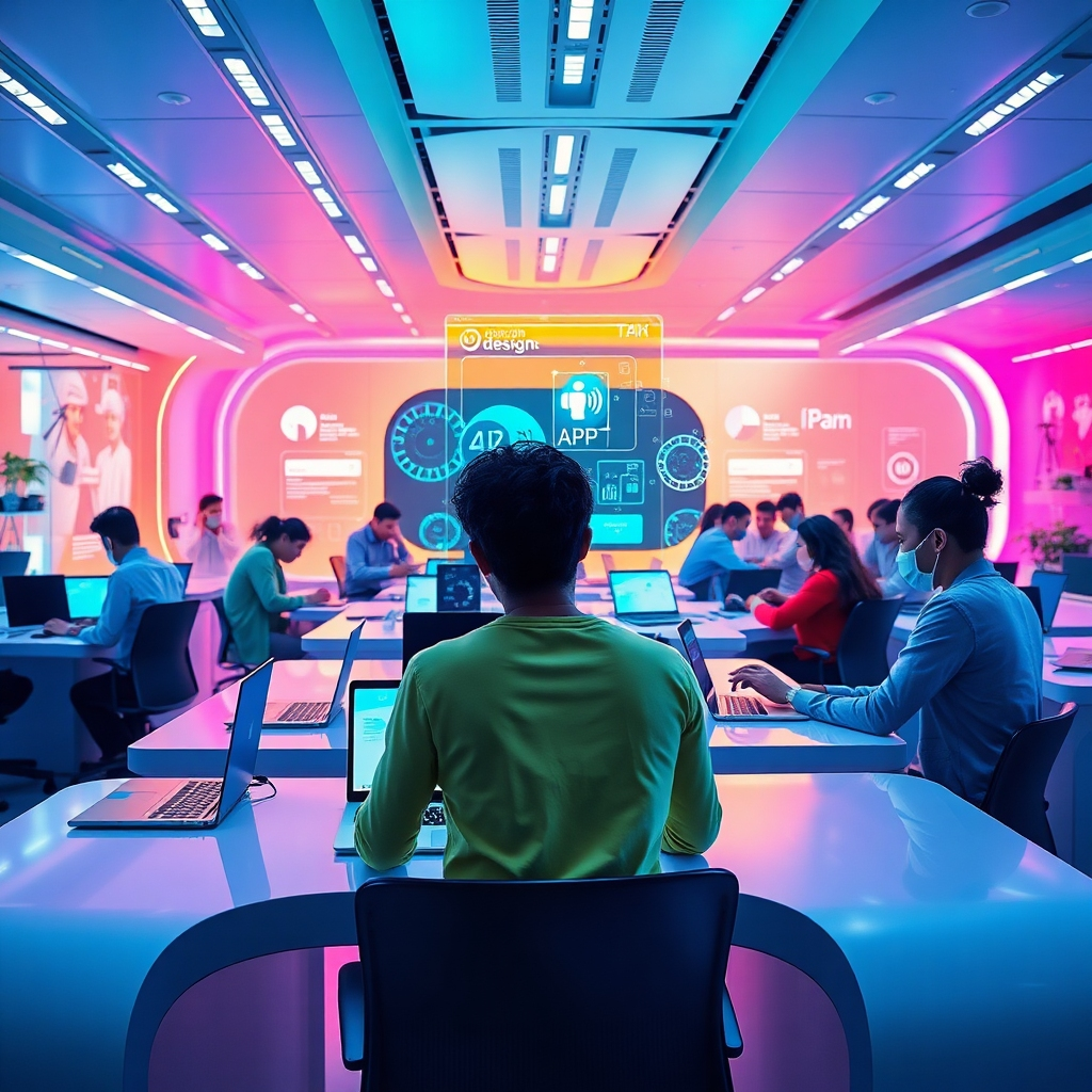 A futuristic workspace filled with vibrant colors, showcasing a diverse group of people collaborating at sleek desks with laptops, holographic displays of app designs and AI interfaces, symbolizing seamless and effortless app creation processes.