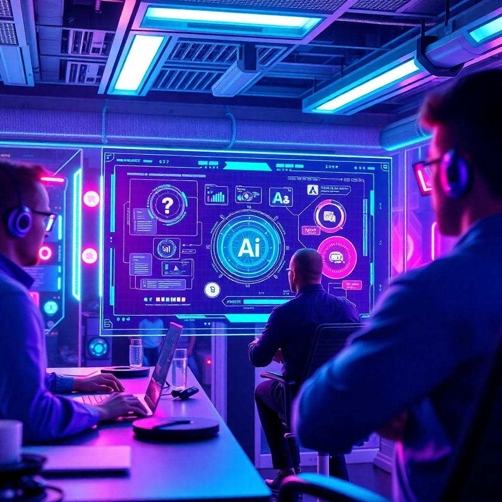 A futuristic workspace where AI technology is seamlessly integrated into the video creation process. The focus is on interactive AI features displayed on a transparent screen shared by multiple team members. Bright, vibrant lights highlight the futuristic design elements, while colors like teal and purple foster a tech-forward vibe. The image captures the essence of synergy between human creativity and AI, delivering hyperrealistic inspiration.
