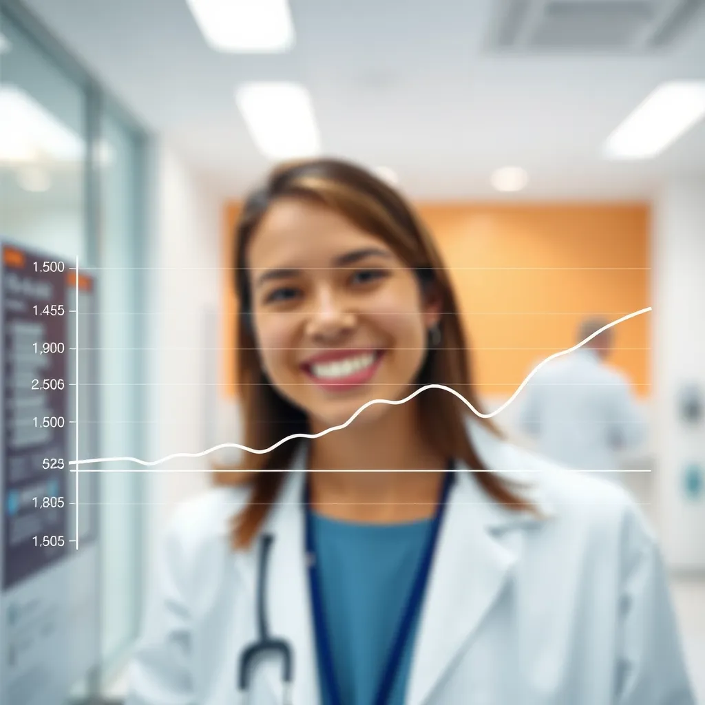 A graph with smooth, stable blood sugar levels represented by a line chart, with a background showing a person smiling and looking healthy. The environment is clean and modern, suggesting a clinical setting.