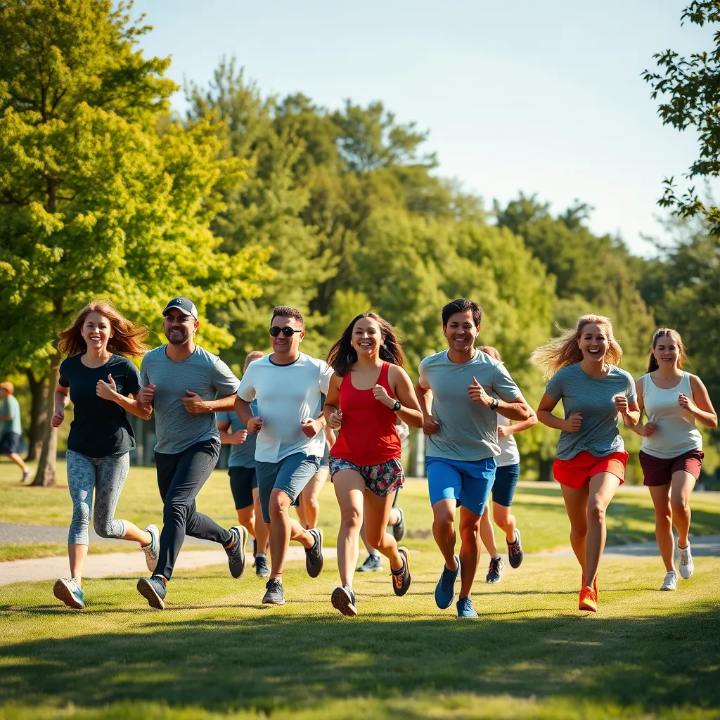 A group of diverse, energetic individuals jogging in a park, with bright, clear skies and lush green trees in the background. They all have an enthusiastic demeanor, showcasing their vitality and sustained energy throughout the day.