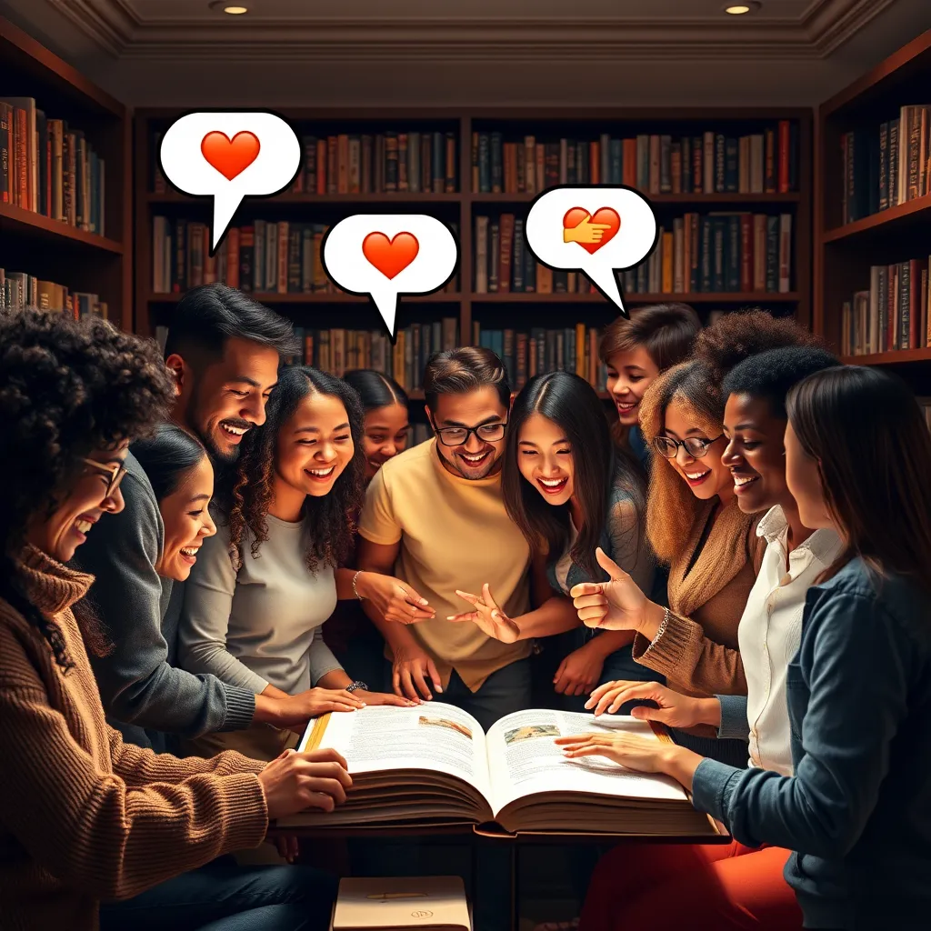 A group of diverse individuals gathered around a large, interactive digital book display. They are visibly excited, engaging with the content together. Speech bubbles with heart and thumbs-up emojis represent community feedback, set in a cozy reading corner with bookshelves.