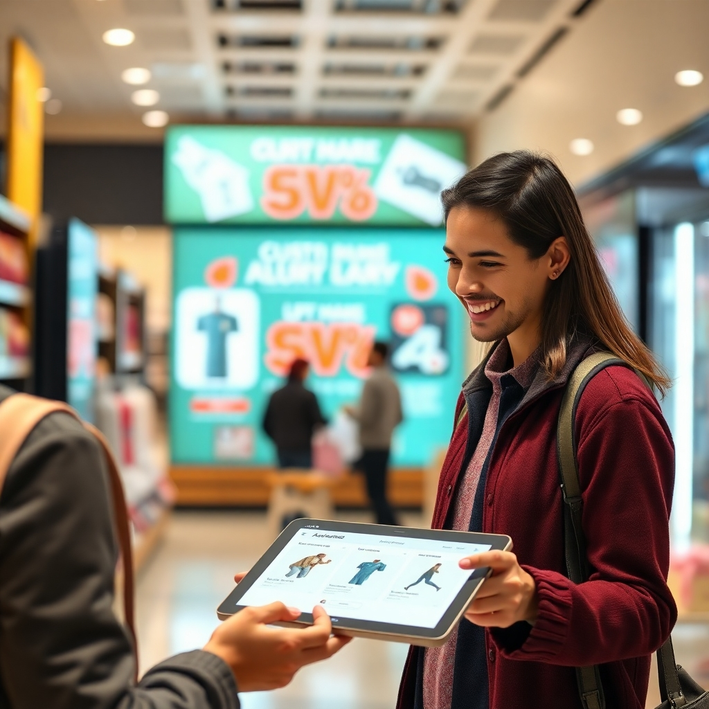 A happy customer interacting with a digital interface on a tablet, showcasing personalized recommendations based on AI algorithms. The background features a vibrant store environment with digital signage displaying customized offers, emphasizing the personal touch.