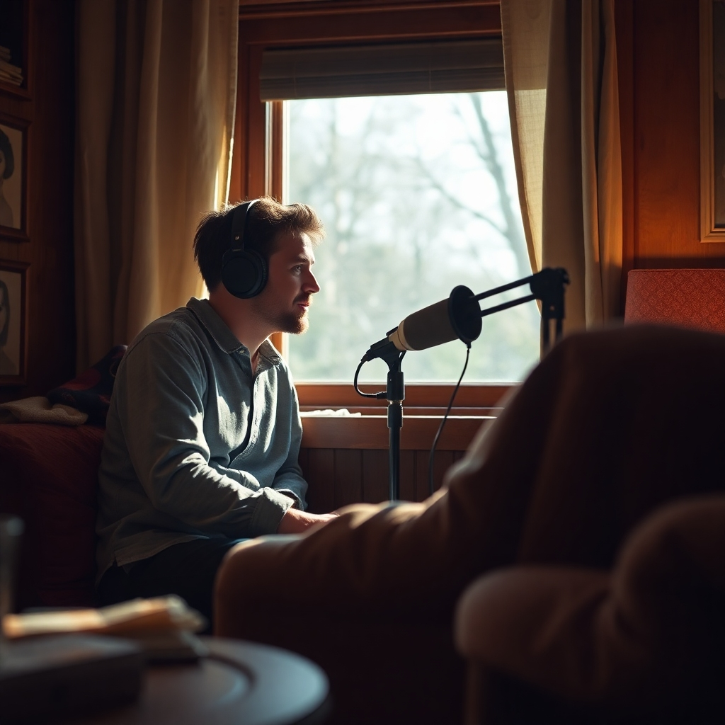 A heartfelt image capturing a podcaster sitting in a relaxed position with a microphone and headphones, engaged in conversation, surrounded by a warm, inviting atmosphere. Natural light filters in through a window, giving a cozy feeling. Rich textures of fabric and wood in the environment enhance warmth. Style references lean towards candid photography. Technical specs: 4K resolution, high quality.