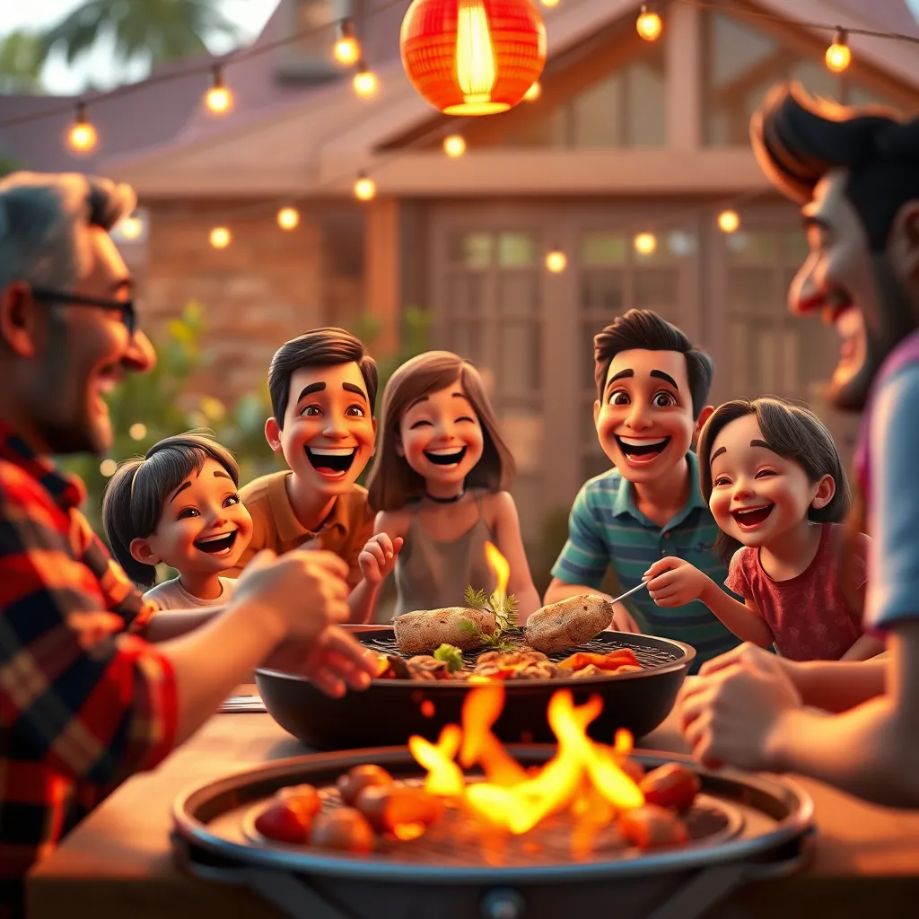 A heartwarming family gathering photo coming to life, with animated characters showing joy and laughter. The scene should depict a backyard barbecue, with vibrant colors, smiling faces, and natural body movements to illustrate the festive atmosphere.