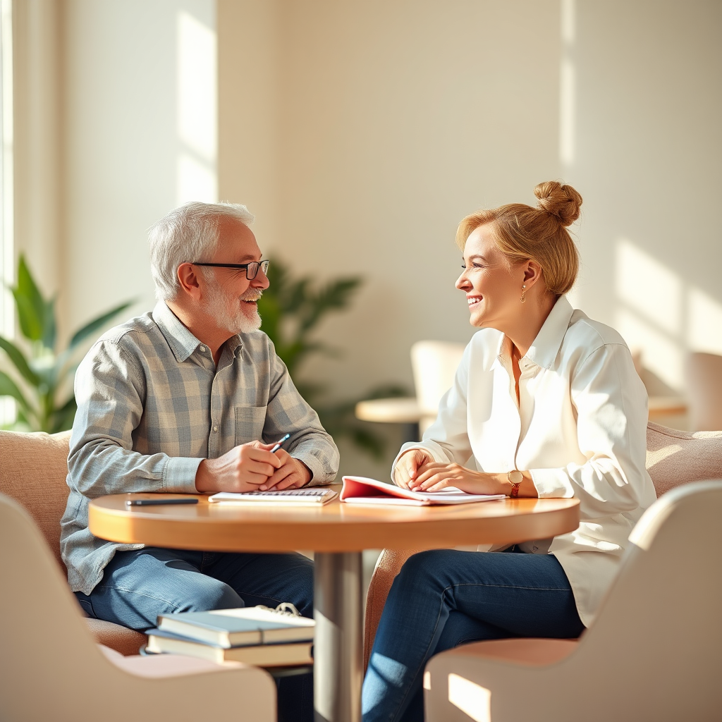 A heartwarming image of a mentor and mentee sitting together at a table, sharing ideas and insights. The warm, inviting interior features soft light and comfortable seating. Natural colors dominate the scene, producing a relaxed environment. Items like notebooks and laptops signify productive discussions. This engaging depiction should be rendered in photorealistic quality.