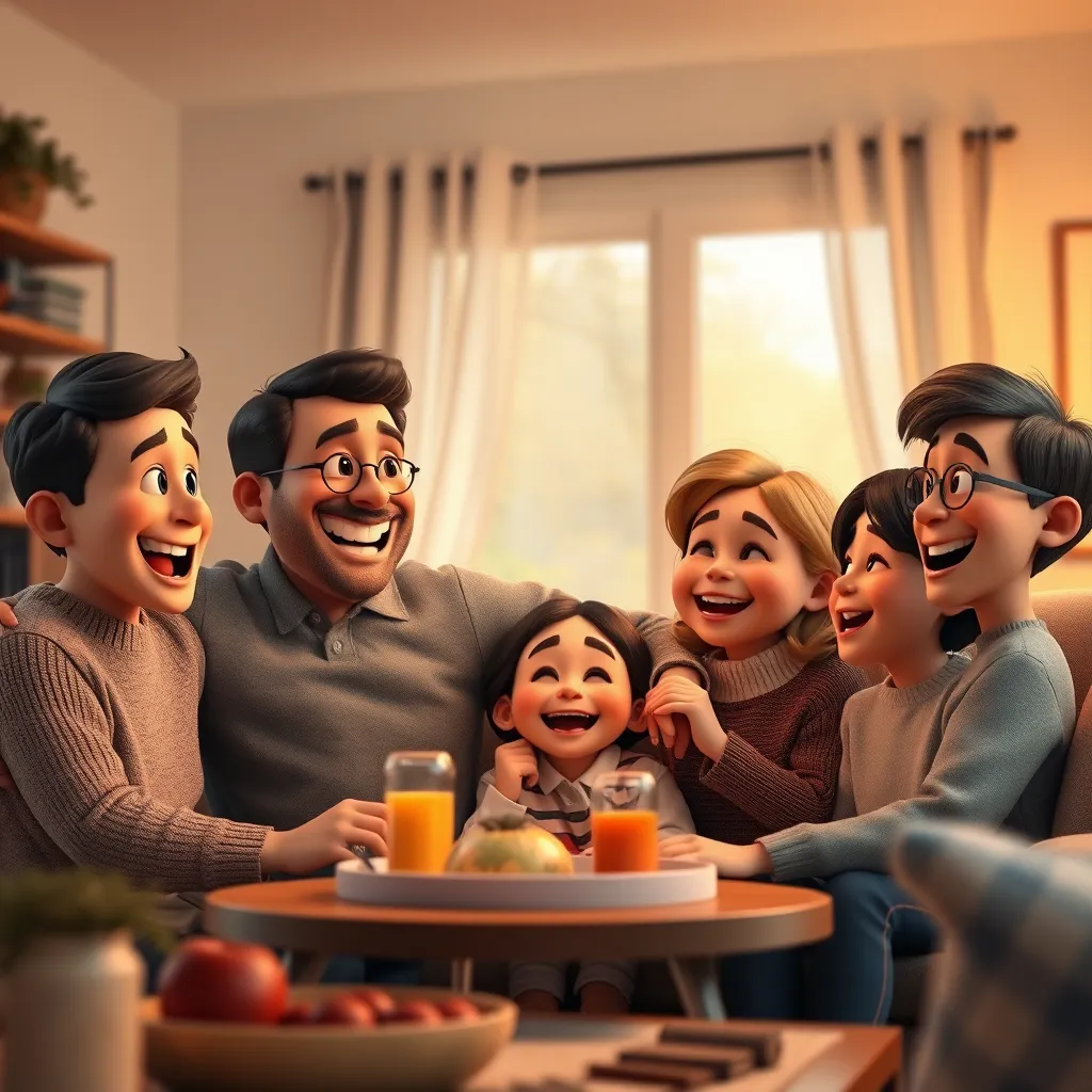 A heartwarming scene of a family photo coming to life, where the smiling faces of loved ones appear animated, speaking and interacting joyfully in a cozy living room, with soft lighting and nostalgic elements in the background.