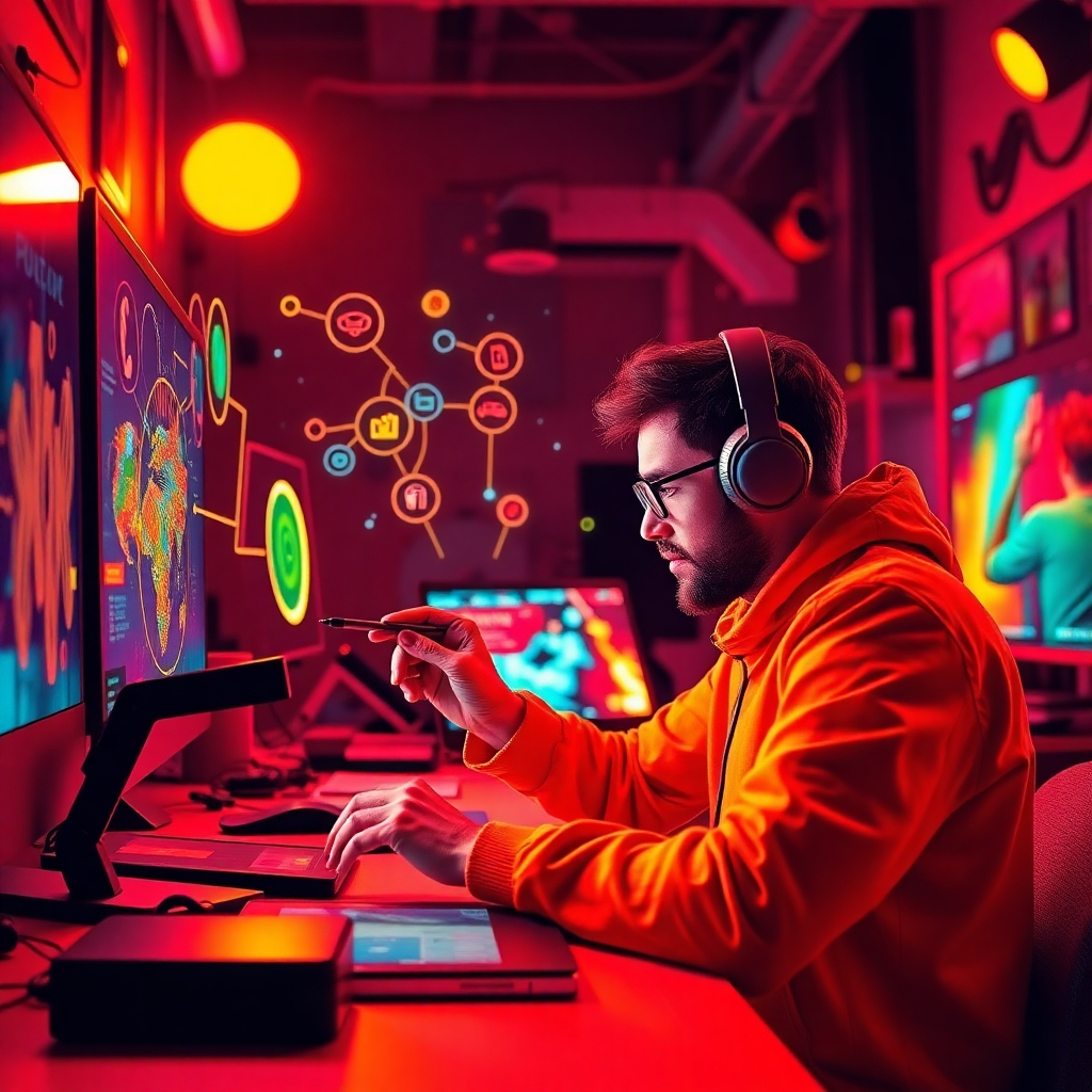 A high-energy image depicting a creator capturing their thoughts on a digital canvas using intuitive AI tools. Bright lights emphasize the excitement of rapid creativity, complemented by a lively color palette of reds and yellows. Textures are sleek and modern, enhancing the cutting-edge vibes in the creative space filled with gadgets and screens.