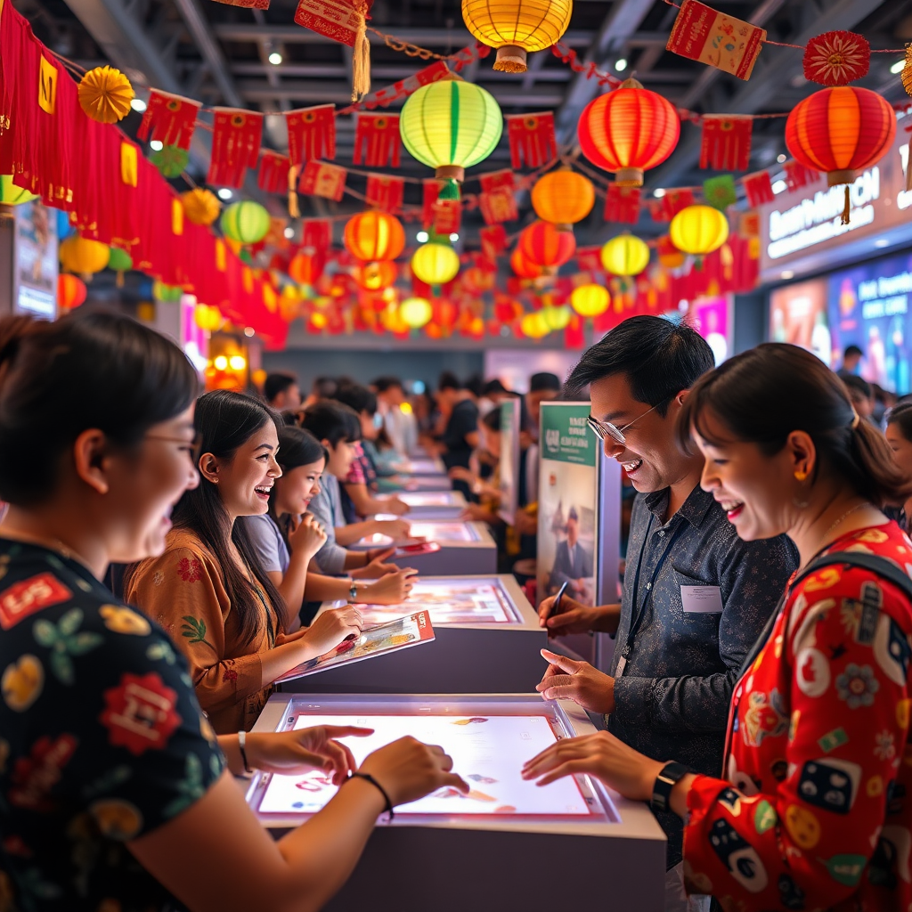 A high-energy image of a local launch event filled with community members engaging with interactive displays. Colorful decorations highlight local culture, and the lighting reflects a festive atmosphere. The camera captures excited faces as participants interact with AI-powered features, promoting community involvement. Props should include promotional materials that resonate with the local audience, ensuring a strong sense of place. The overall visual should reflect dynamism and celebration in a photorealistic style.
