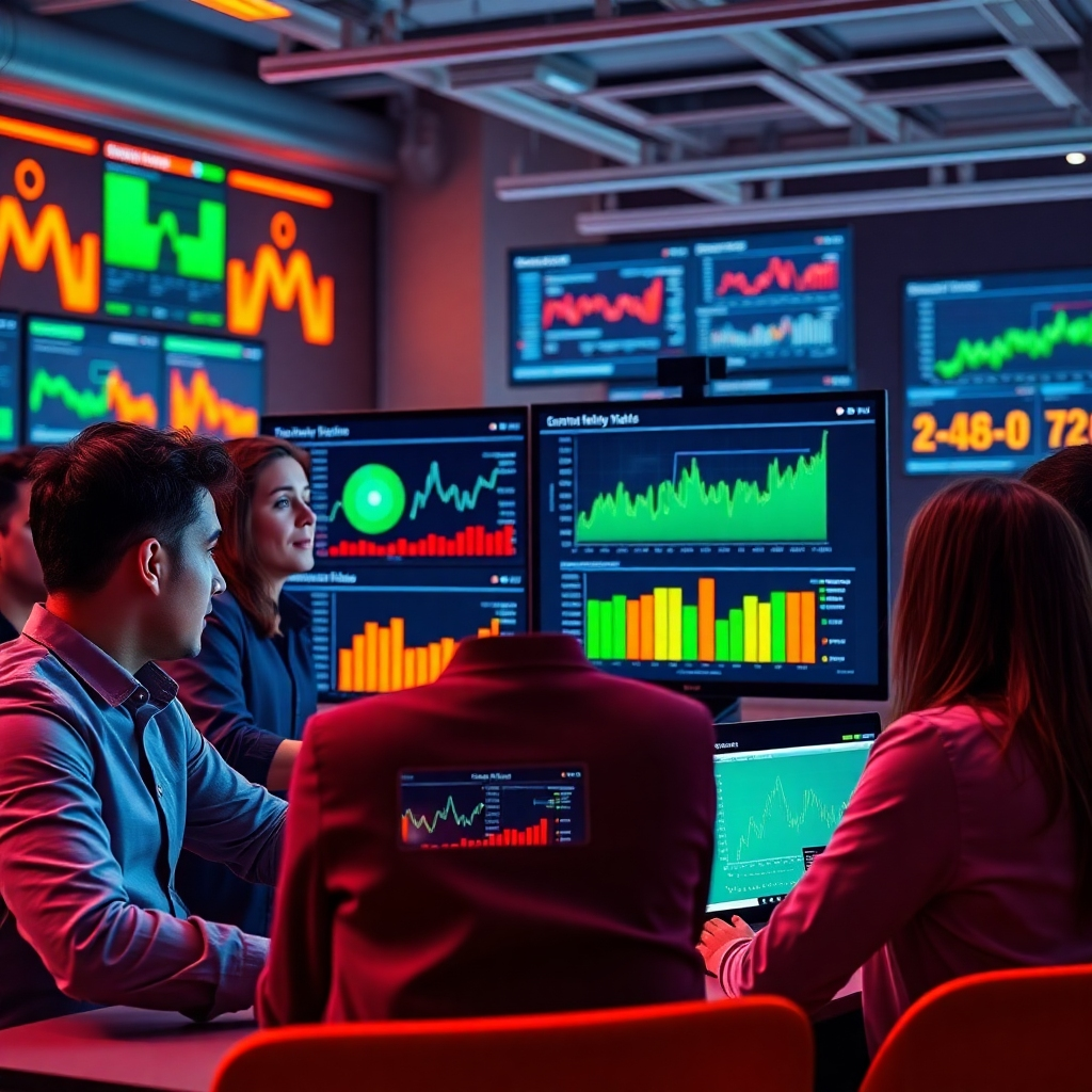 A high-energy scene of a marketing team analyzing video performance data. The focal point should be on digital dashboards displaying real-time analytics and engagement metrics. The environment is bustling with specialist marketing professionals, energizing the impact of data on strategic decisions. Vibrant colors with pops of orange and green enhance the digital vibe, aiming for a high-quality, engaging image presented in 4K resolution.