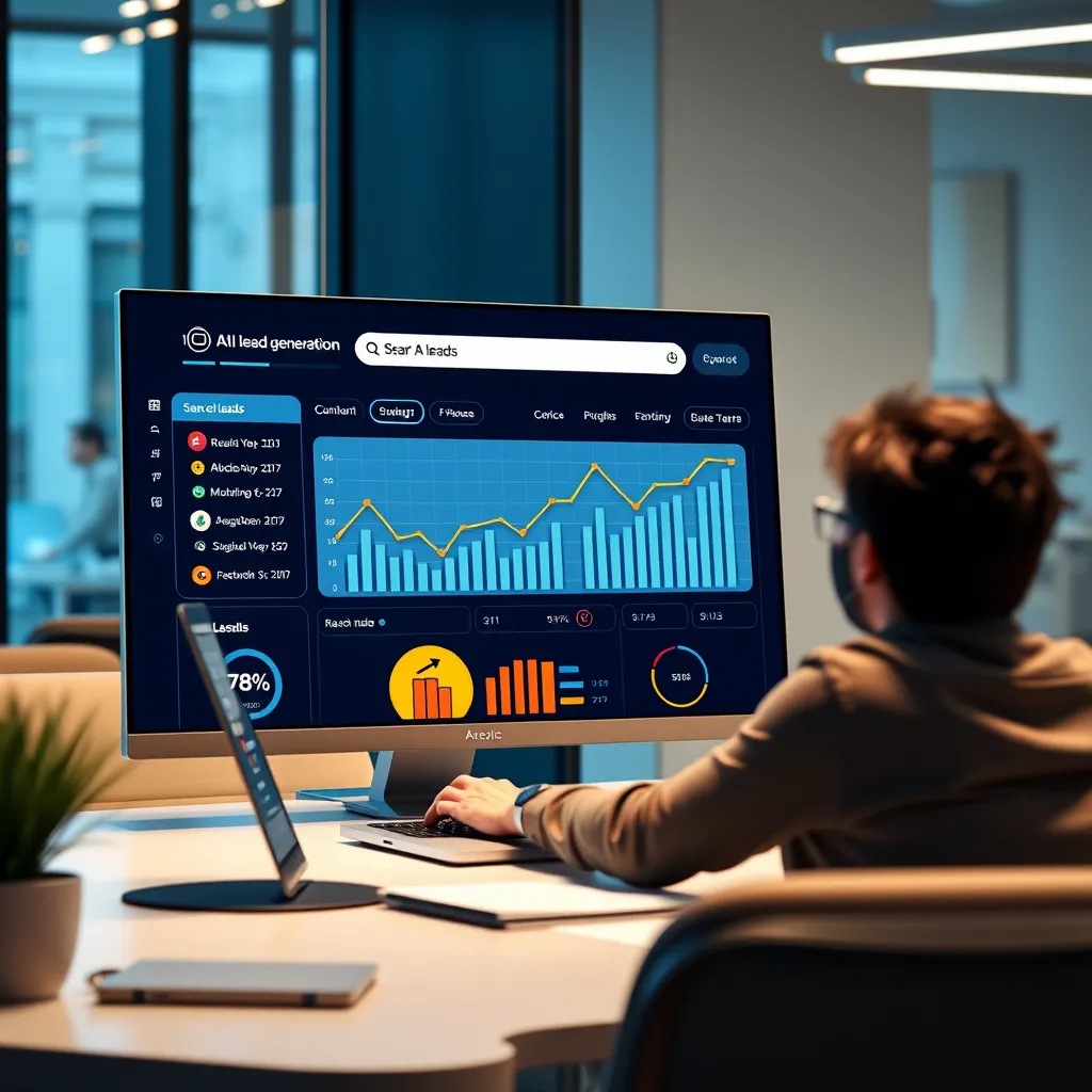A high-quality, photorealistic image of a digital dashboard showcasing instant lead generation. Include visual elements like a graph indicating rising leads, a search bar with AI algorithms running, and a user excitedly reviewing results on a laptop screen in a modern office setting.