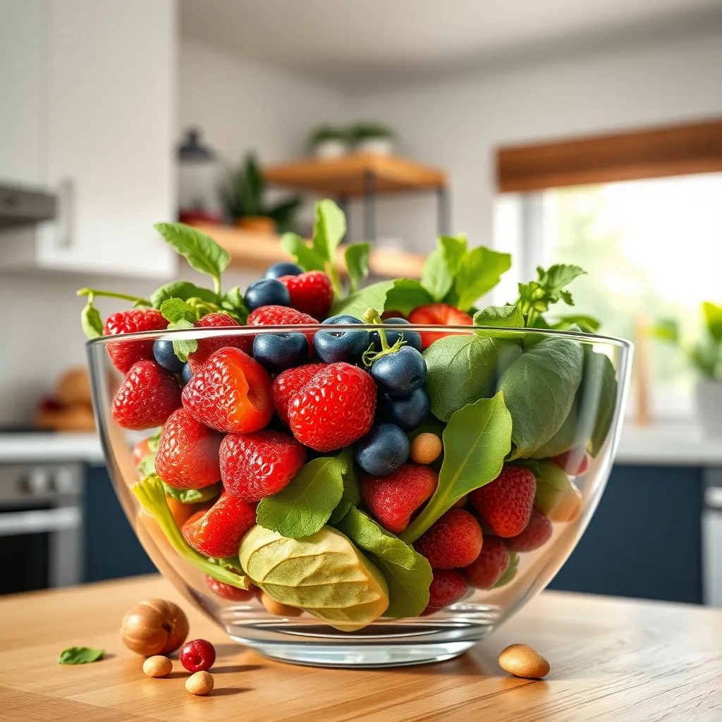 A high-quality, photorealistic image of a clear glass bowl filled with various vibrant, fresh natural ingredients such as berries, leafy greens, and nuts. The backdrop is a clean, modern kitchen with a window letting in sunlight.