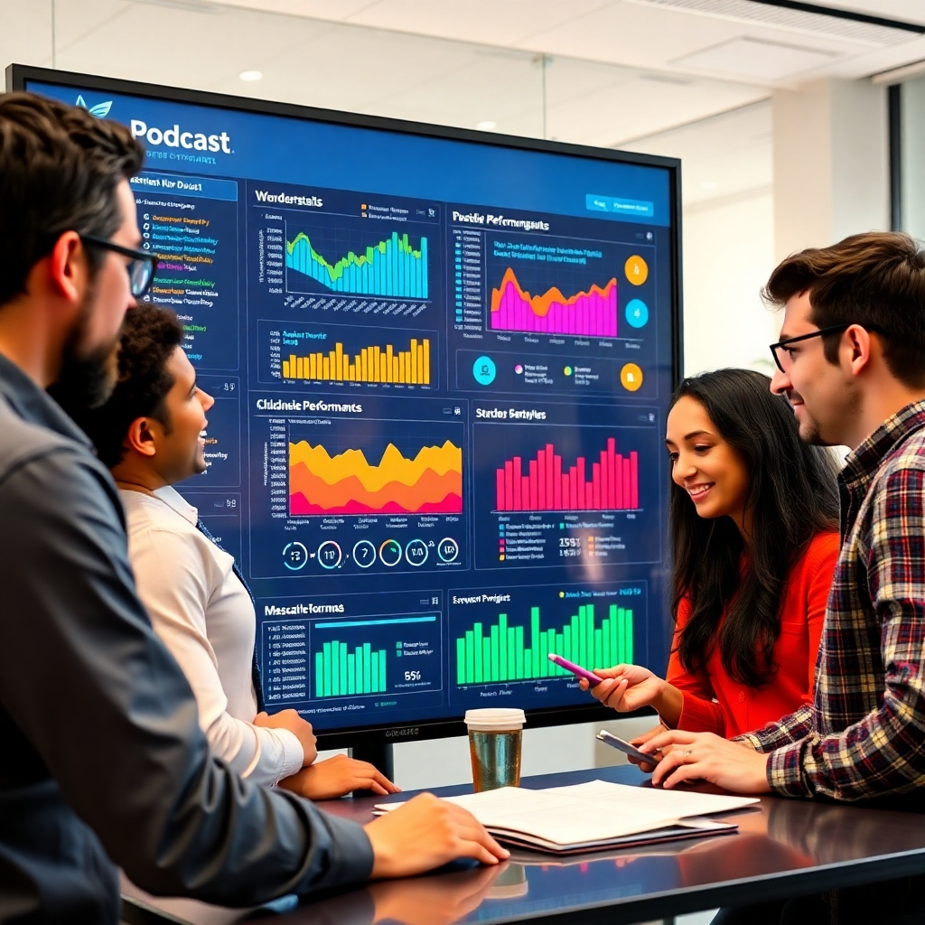A high-quality image of a team analyzing data on a large interactive screen. The team is diverse and engaged, with the screen filled with colorful graphs and metrics about podcast performance. The environment is modern and collaborative, with a sense of excitement reflecting the potential insights derived from their findings.