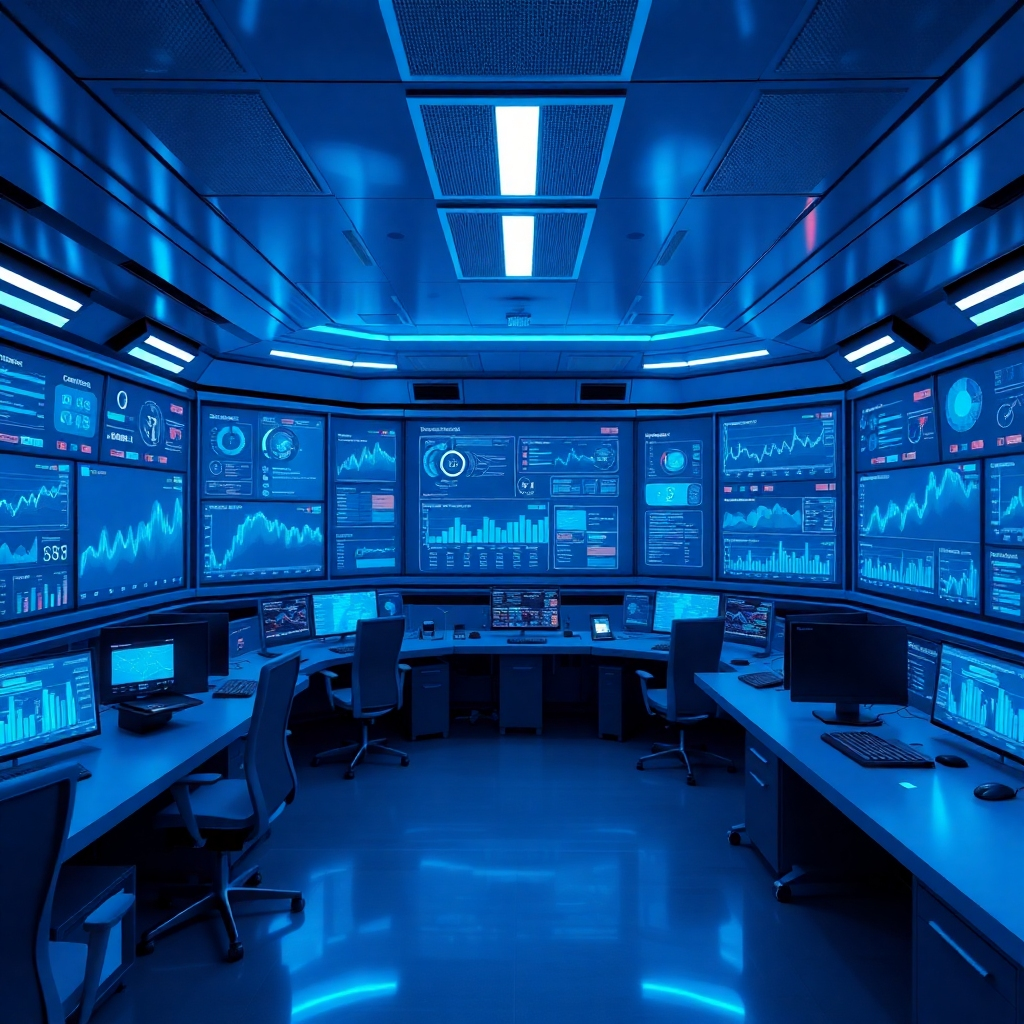 A high-quality, photorealistic image of a futuristic control room filled with screens displaying AI data analytics. The environment is sleek and modern, with blue tones reflecting a high-tech atmosphere. Details like glowing interface elements and digital readouts convey a sense of progress and intelligence. This visual encapsulates the advanced AI capabilities of Articalize APP, demonstrating how it synthesizes data to boost traffic.
