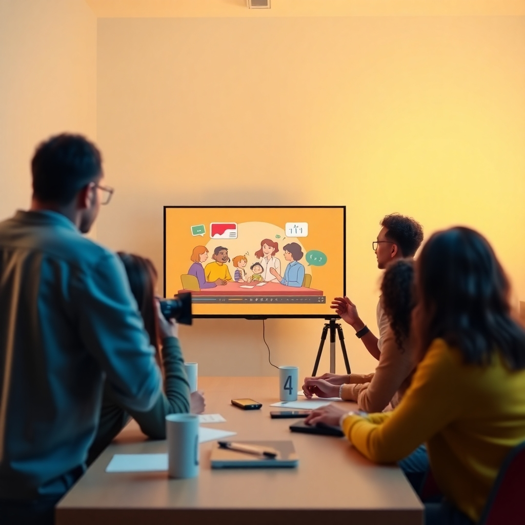 A high-quality, photorealistic image representing the heart of QuickVSL. The scene shows a diverse group of individuals collaborating around a digital screen displaying animated video content. Soft, diffused lighting creates a warm and engaging atmosphere. The color palette combines energetic yellows and calming blues, inspiring creativity. Elements like video equipment and brainstorming notes complement the environment, conveying a sense of teamwork. Taken from a slightly lower angle to emphasize engagement, the image should capture the essence of innovation and connection in 4K resolution.