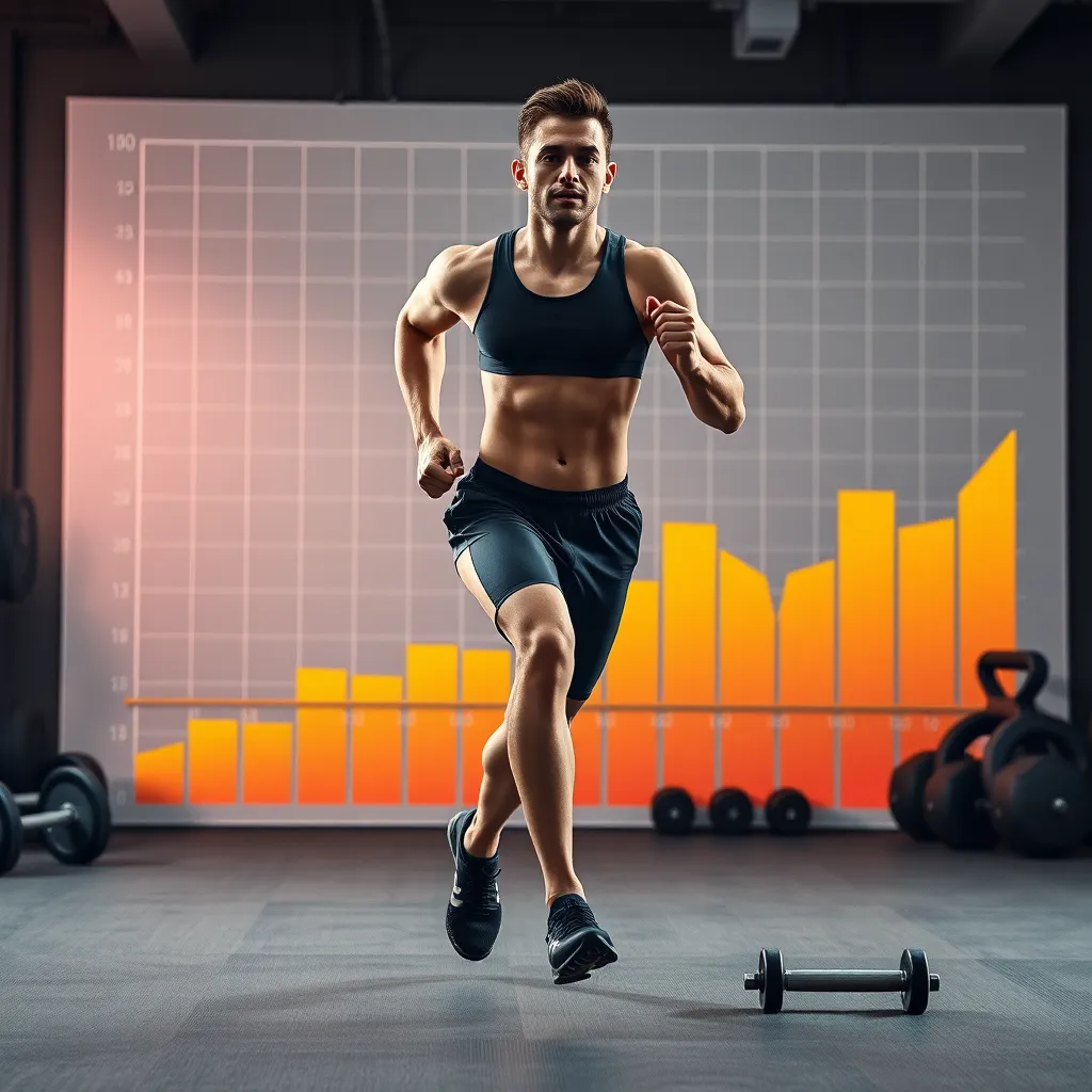 A high-quality photorealistic image of a person in workout gear, running or performing a high-energy exercise with a backdrop of a body graph showing declining fat levels. The surroundings include weights and fitness accessories, emphasizing active lifestyle.