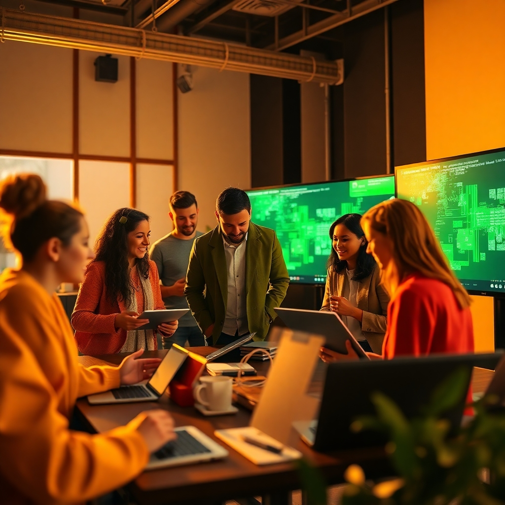 A high-quality, photorealistic image depicting a diverse team of content creators collaborating in a modern digital studio. The scene incorporates various elements like digital tablets, laptops, and AI-infused displays. Bright, vibrant lighting casts across the room, inspiring creativity. A warm color palette of golds and greens enhances the uplifting atmosphere. The camera angle is slightly wider, capturing the collaboration in action, while textures on screens and devices are meticulously detailed. The technical specs are in 4K resolution, conveying the essence of teamwork and innovation in Writix AI.