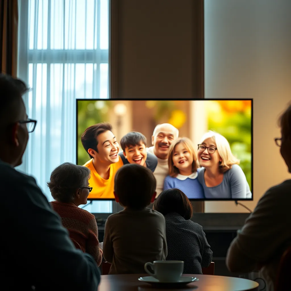 A high-quality scene depicting a family gathering with a static photograph on display. In the background, show a vibrant video screen projecting the animated photo of the family, where the figures are speaking and interacting with emotions like joy and laughter.
