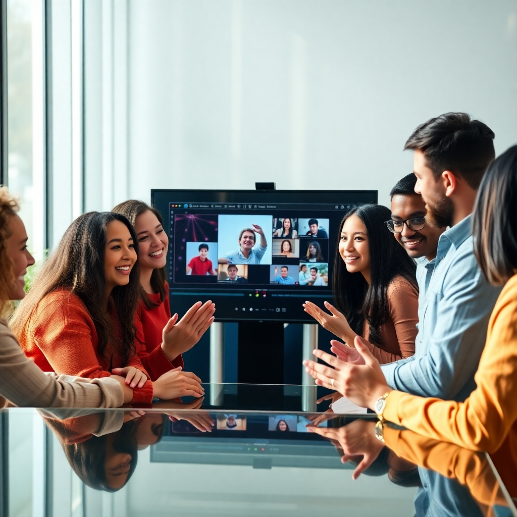 A high-quality, stylized image that embodies the concept of AI-driven creativity in video production. The scene features a diverse group of individuals collaborating around a digital interface displaying an AI video creation process. Soft, natural lighting creates an inviting atmosphere with hints of vibrant colors reflecting innovative ideas. The camera captures the group’s expressions of inspiration from a slightly elevated angle, making the dynamic work environment feel inclusive and energetic. Textures such as glass and polished metal lend a modern touch. The resolution should be 4K to ensure clarity and detail.