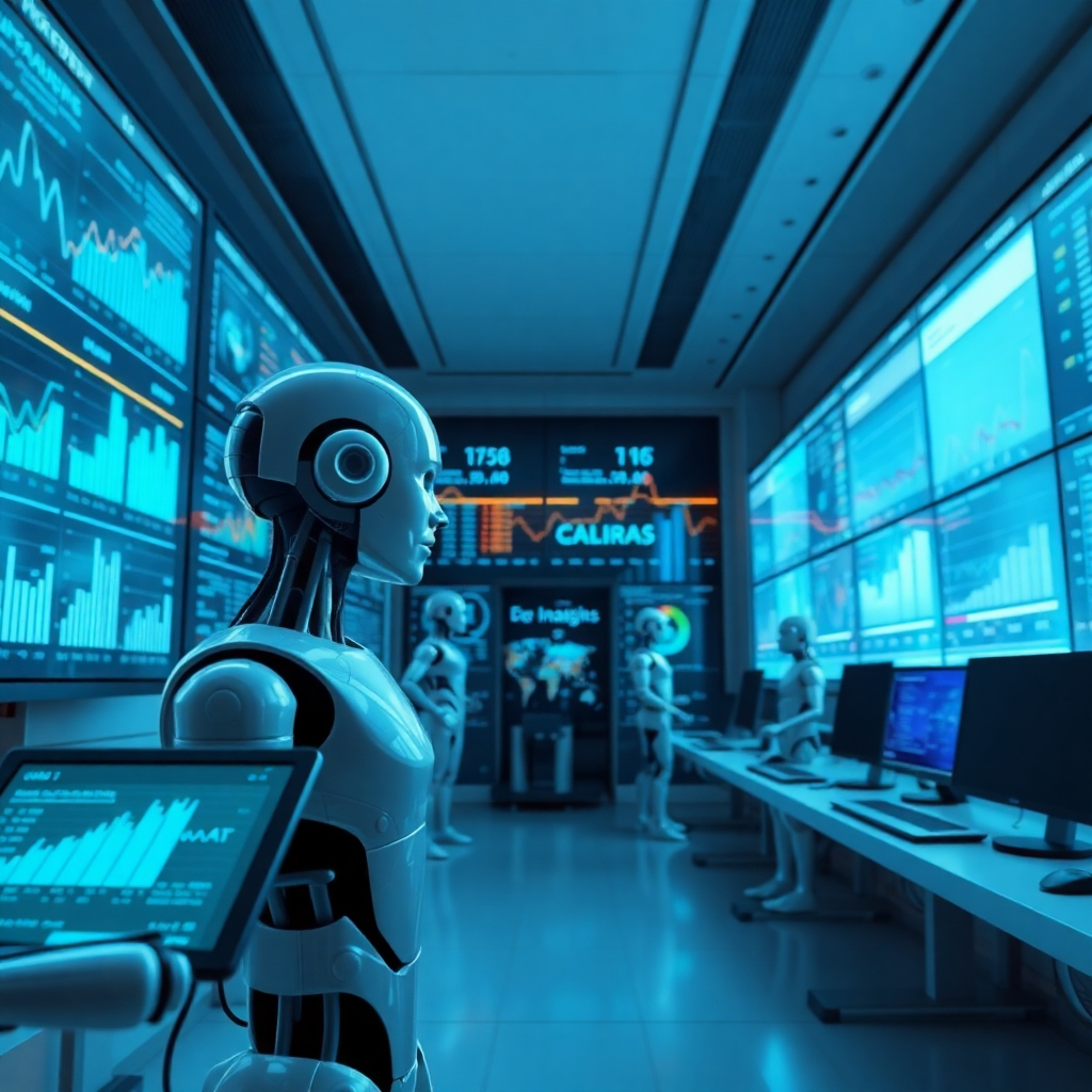 A high-tech analytics laboratory where AI bots are processing vast amounts of data. The image should depict the bots surrounded by large screens filled with graphs, charts, and numbers in a modern design. Soft diffused lighting illuminates the room, creating a focused atmosphere, with a color palette of deep blues and metallic silvers to suggest intelligence and precision. Camera perspective is a sweeping panoramic view that captures the busy lab environment. Textures exhibit sleek surfaces and digital displays. Include elements of data flow, with streams of information visually connecting the bots to the screens. The background should showcase advanced AI technology with holographic projections of insights. Draw inspiration from cutting-edge tech photography, offering ultra-detailed visuals in 8K resolution to enhance the realism and clarity.