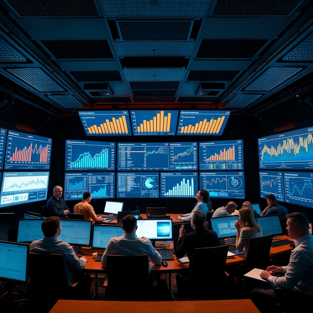 A high-tech command center with multiple screens showing real-time analytics and graphs related to marketing performance. The room is filled with diverse professionals analyzing the data, creating a vibrant atmosphere of teamwork and insight.