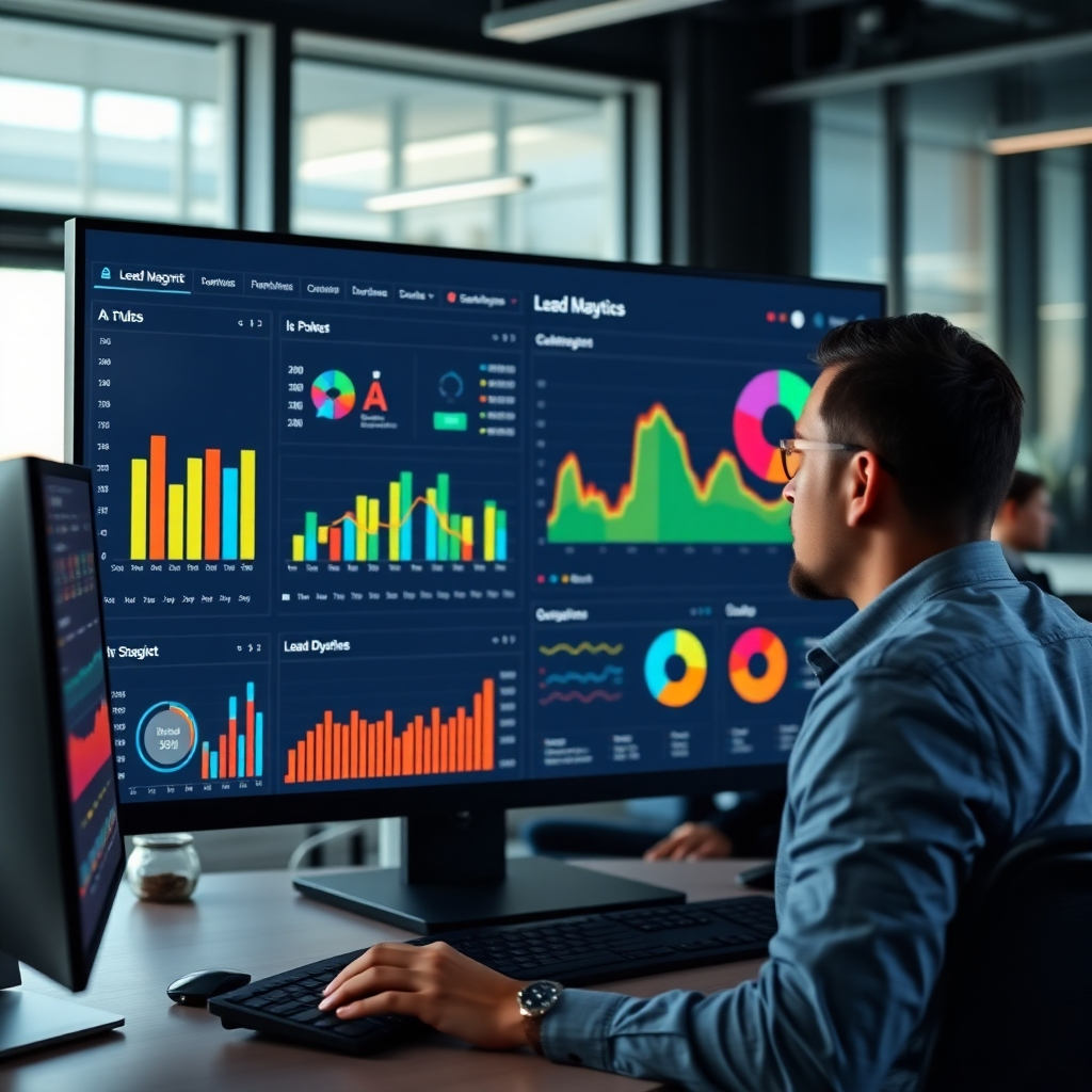 A high-tech dashboard displaying real-time analytics and graphs on lead magnet performance, featuring colorful bar charts and pie charts, set in a modern office environment with an engaged marketer analyzing data.
