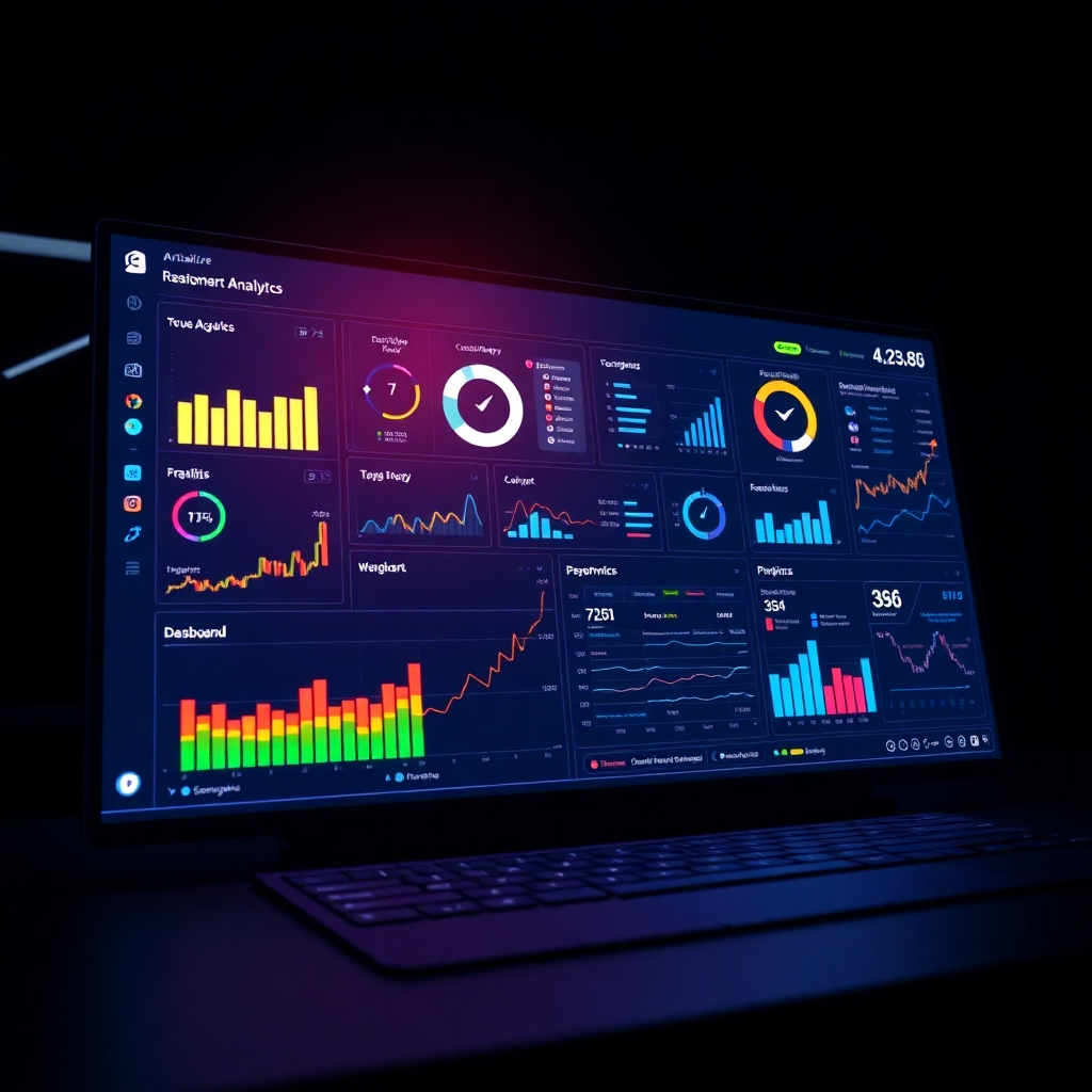 A high-tech image portraying a dashboard full of real-time analytics and metrics. The vibrant interface showcases various performance indicators and graphs, set in a dark, elegant workspace illuminated by screen light. This visual captures the dynamism and responsiveness of Articalize APP in tracking and improving online performance.