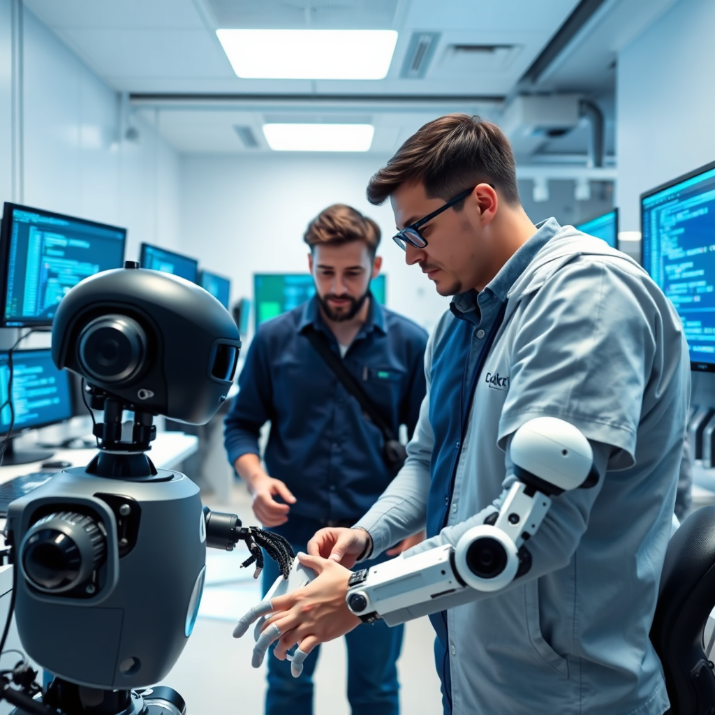 A high-tech lab featuring developers collaborating with A.I. robots, showcasing the process of A.I. creation. The environment should be clean and modern, filled with screens displaying code and A.I. models. Use a bright color palette with blue and white tones, creating a sense of innovation and precision in their work. The camera angle should focus on the interaction between humans and technology, emphasizing collaboration.