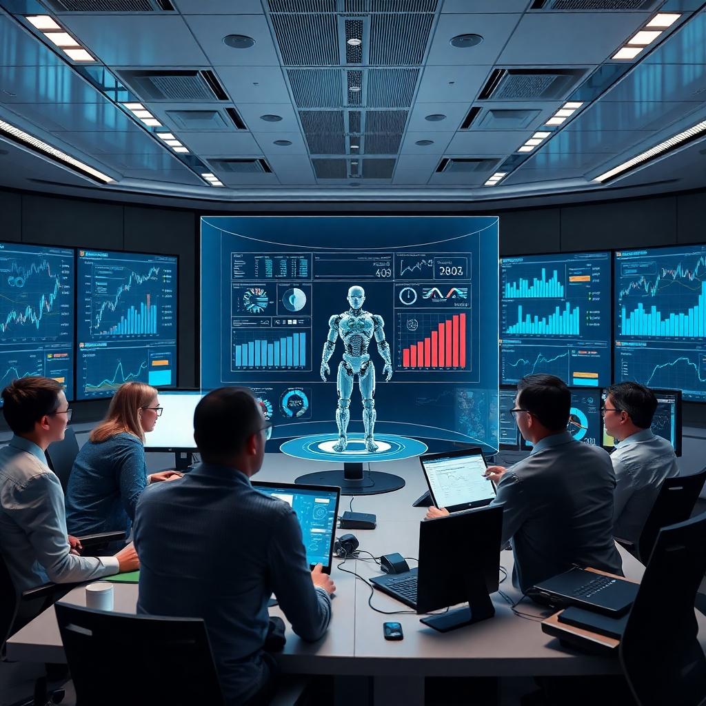 A high-tech office setting where a business team is analyzing charts and graphs on monitors, with a central holographic display showing a PeopleBot analyzing data. The room should have a sleek, modern design, highlighting the integration of technology and strategy in driving business decisions.