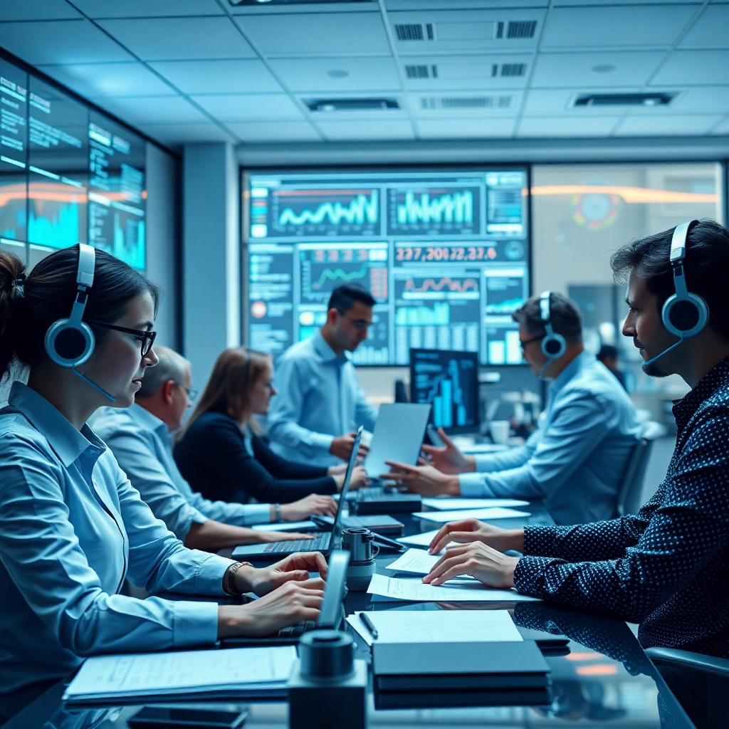 A high-tech office workspace filled with professionals collaborating on projects while AI bots manage paperwork and processes in the background. Showcase efficient multitasking, displaying digital screens with graphs, charts, and workflows, creating a scene of harmony between humans and technology.
