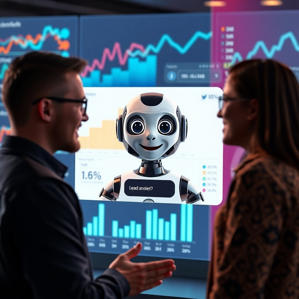 A highly detailed, photorealistic scene showing an AI bot on a website pop-up, engaging a visitor with a friendly expression. The background should include dynamic graphs and charts illustrating lead conversion rates, emphasizing the bot's role in lead generation.