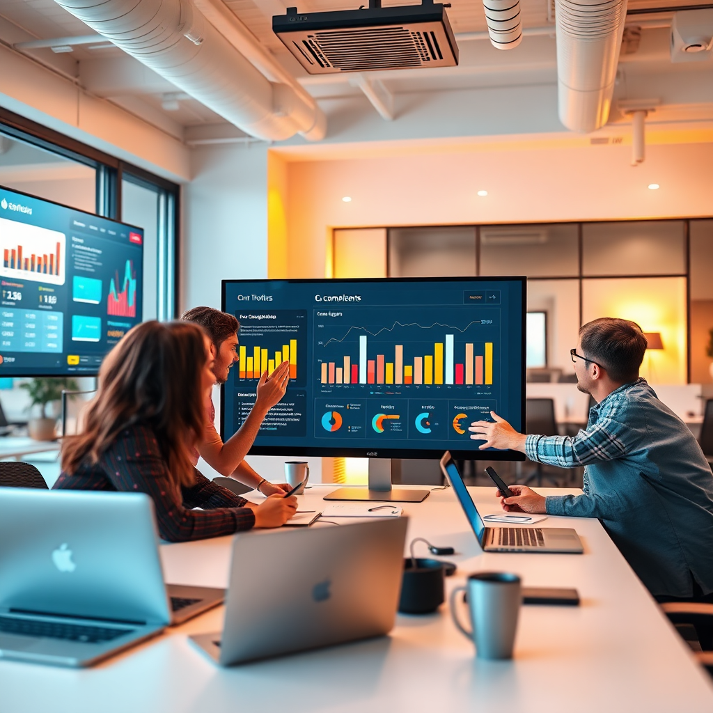 A hyperrealistic image featuring a modern workspace where a team of marketers enthusiastically discusses a digital dashboard showing real-time campaign performance. The atmosphere is bright and collaborative, with warm lighting enhancing the teamwork vibe. Screens display vibrant data visualizations, showing instant feedback on campaign strategy. The environment is contemporary, filled with tech props like laptops and smart devices. Focus on clarity and detail for every element in 4K resolution.