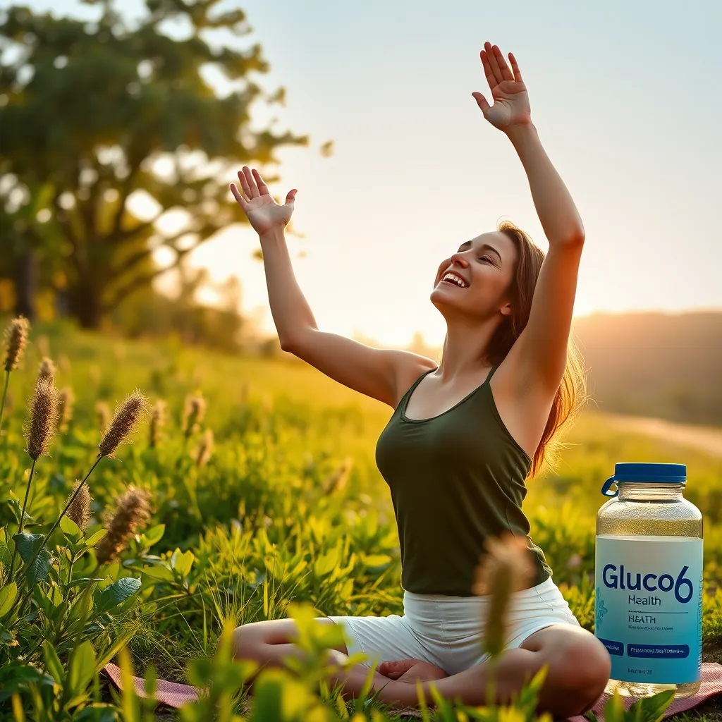 A joyful person practicing yoga outdoors, surrounded by greenery representing plant-based health. In the background, a gentle sunrise symbolizes new beginnings in health, while a water bottle and Gluco6 product are nearby, highlighting daily use.