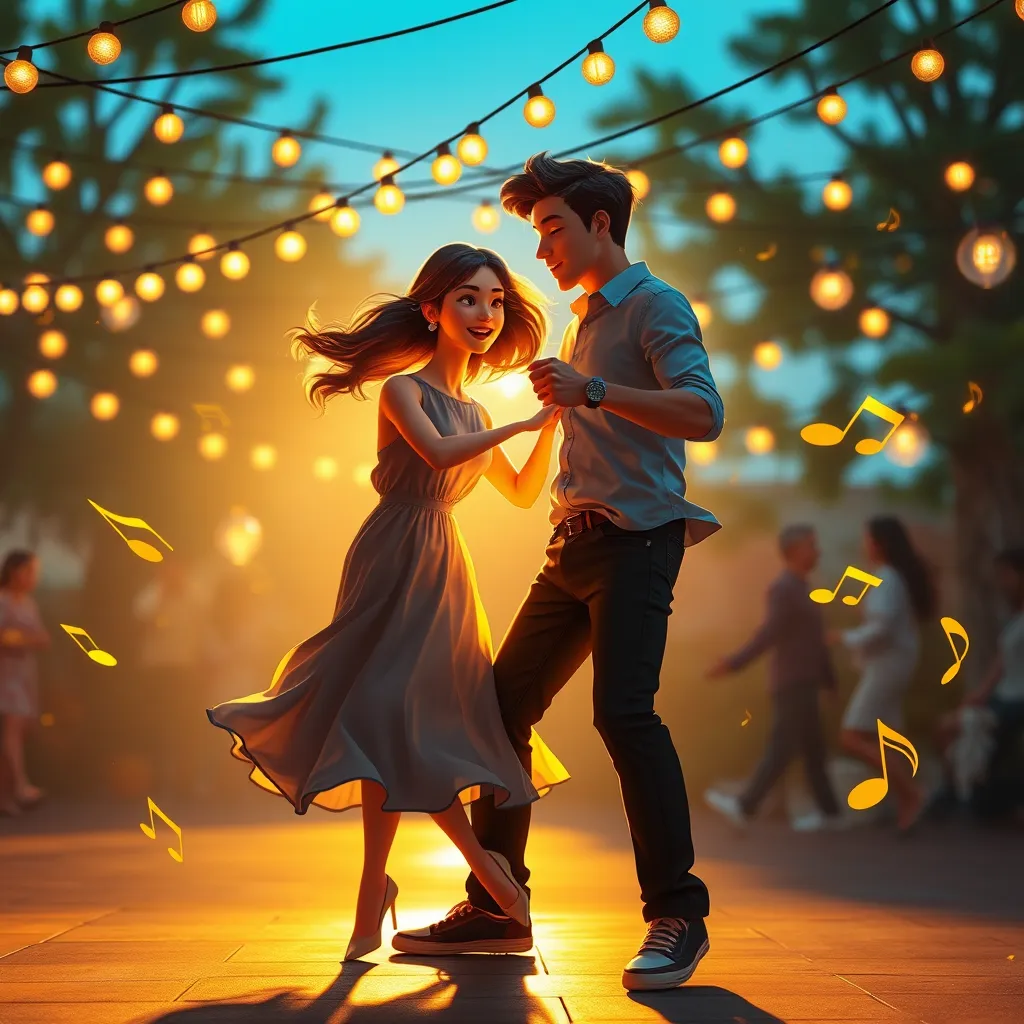 A lively animated image of a couple dancing in their youth, surrounded by musical notes swirling around. Use dramatic side lighting to cast shadows that highlight their joyful expressions and flowing movements. The color palette should consist of vibrant hues like deep blues and bright yellows to celebrate their energy and the essence of music. Position the camera at a dynamic angle that captures their motion, emphasizing the sense of dance. Incorporate a background of an outdoor party scene with beautiful string lights overhead, enhancing the celebratory atmosphere. This hyperrealistic image should be presented in 8K resolution, showcasing the intricate details of their clothing and the musical notes around them.